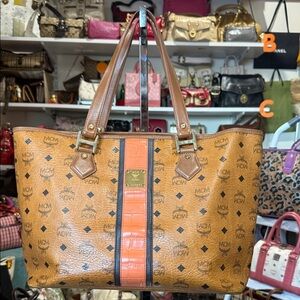 MCM VISETOS canvas and Orange stripe Tote MM Size